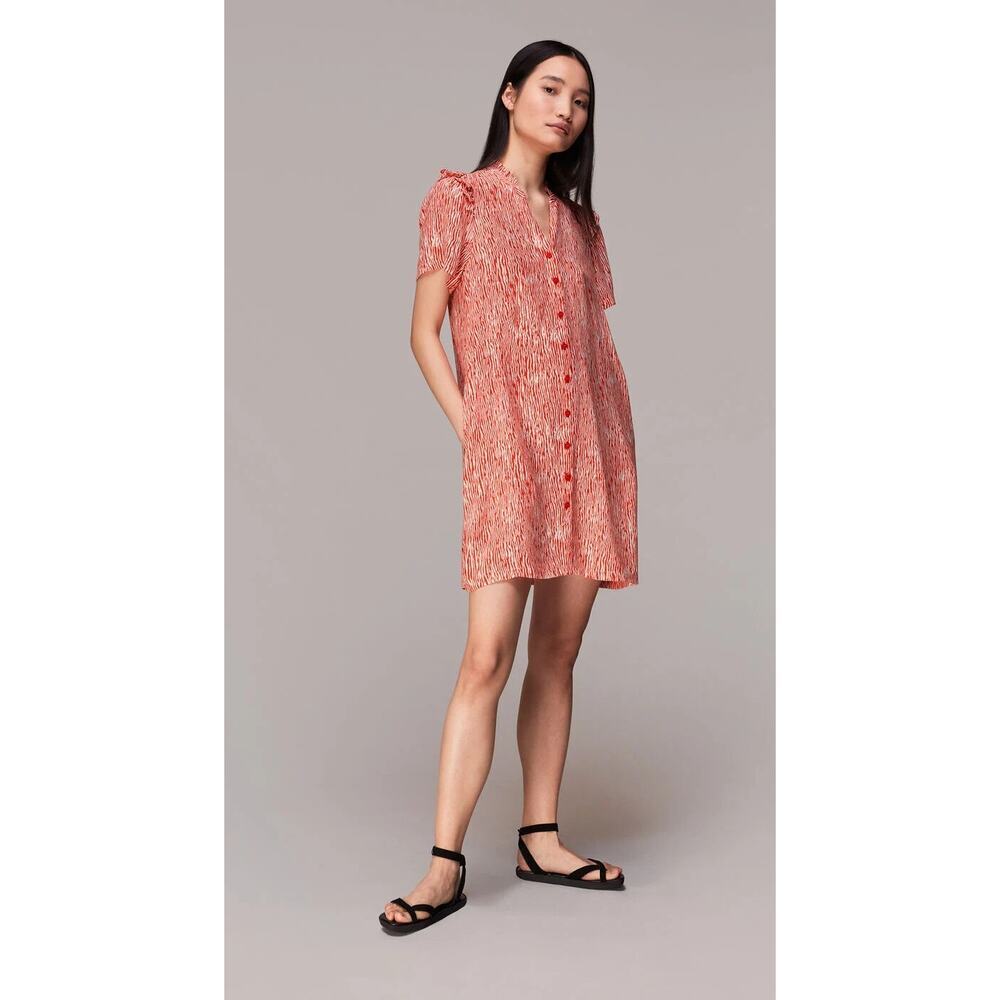 Whistles Red Rosalie Woodland Animal Dress 10 Button Front Pockets Cupro Minimal